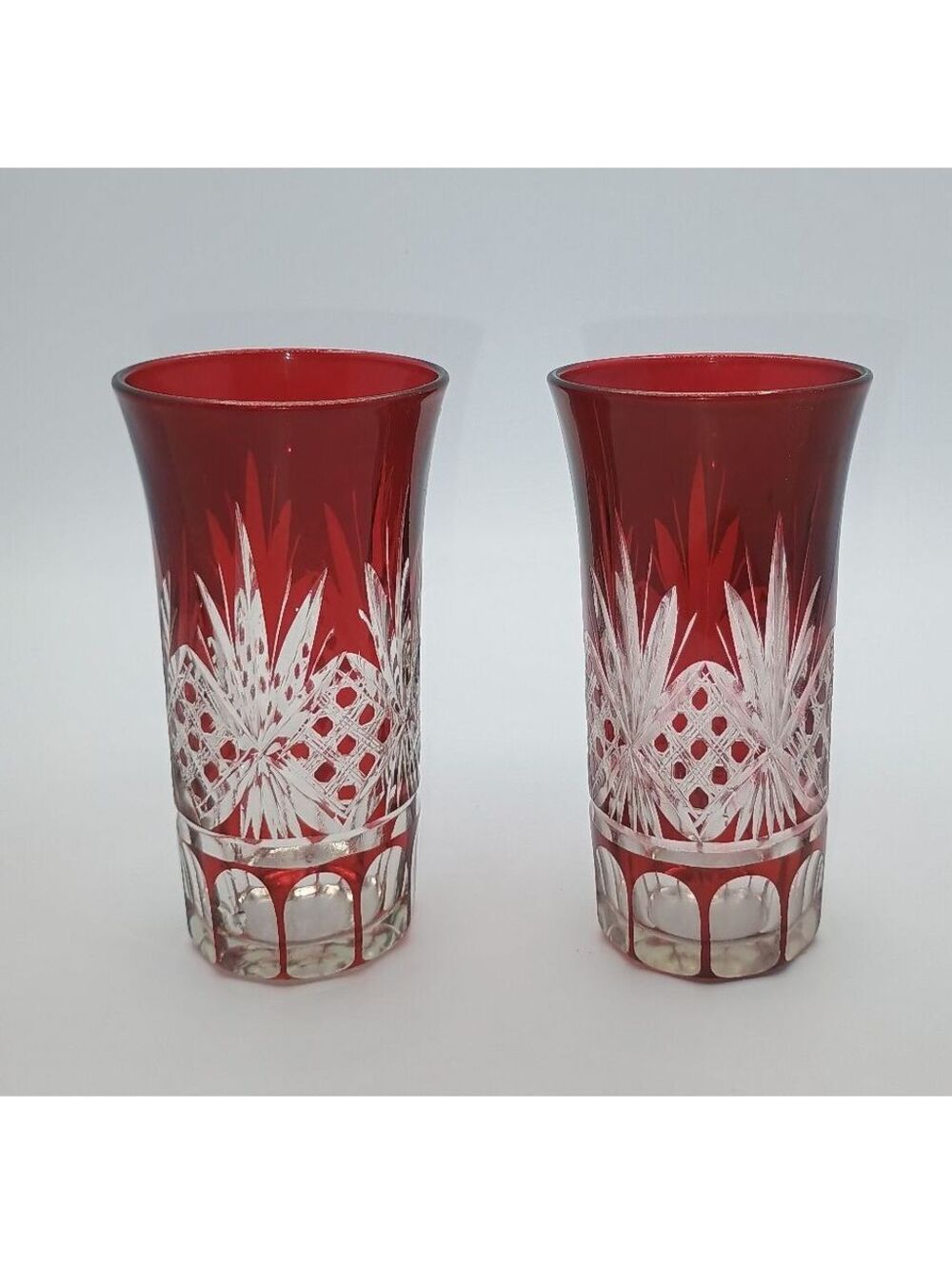 Vintage Ruby Red Cut to Clear Crystal Shot Glasses - Pair